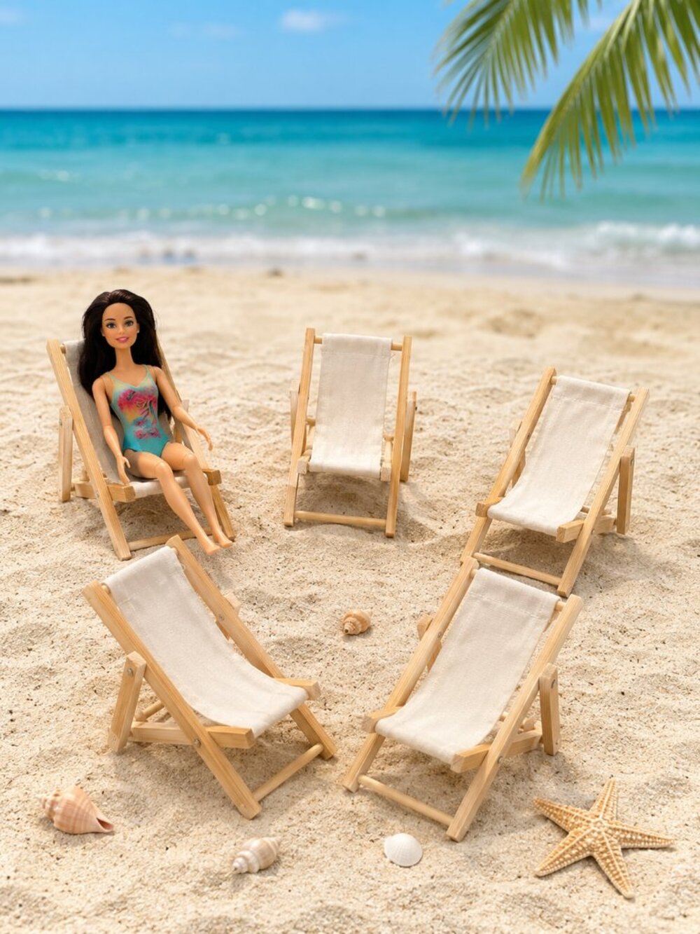 5 Mini Wooden Beach Chairs for Dolls, Dioramas & Displays | NEW | Folding Canvas